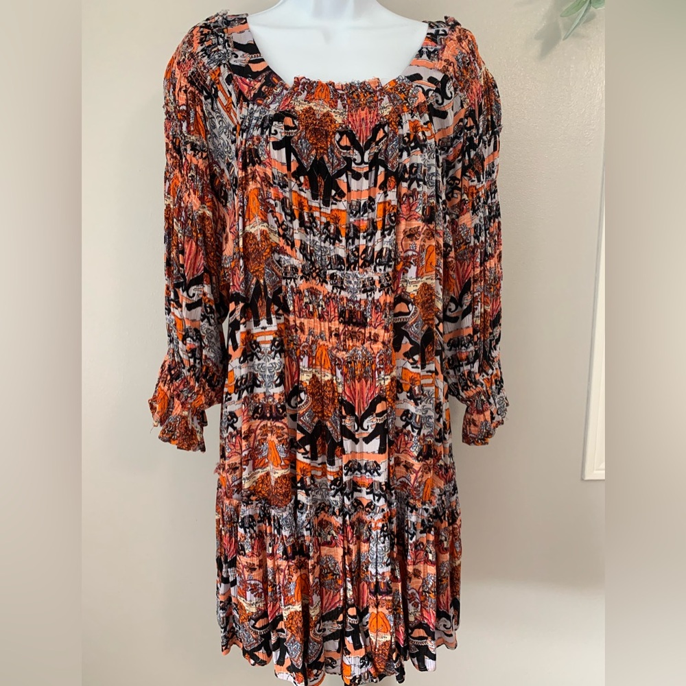 Free People Vibrant Orange and Black Long Sleeve Dress